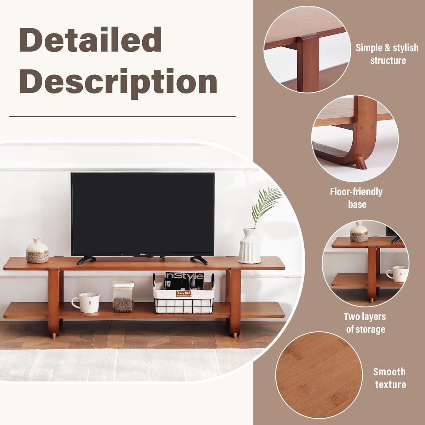 Bamboo TV Stand 65 Inch Walnut Stain Durable Console