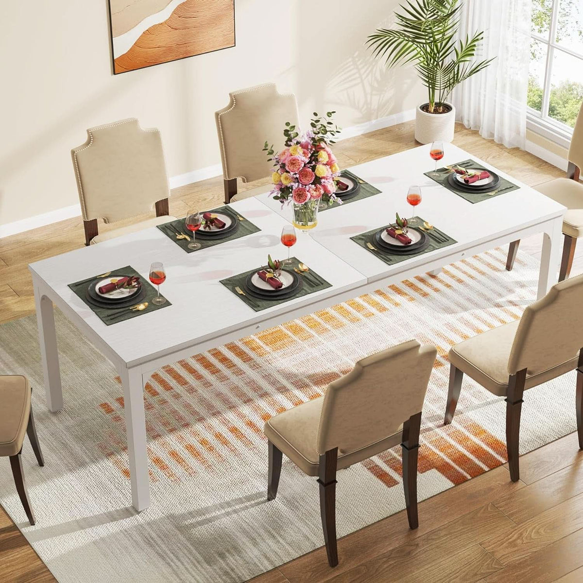White 78-Inch Dining Table For 6-8, Rectangular Dining Room
