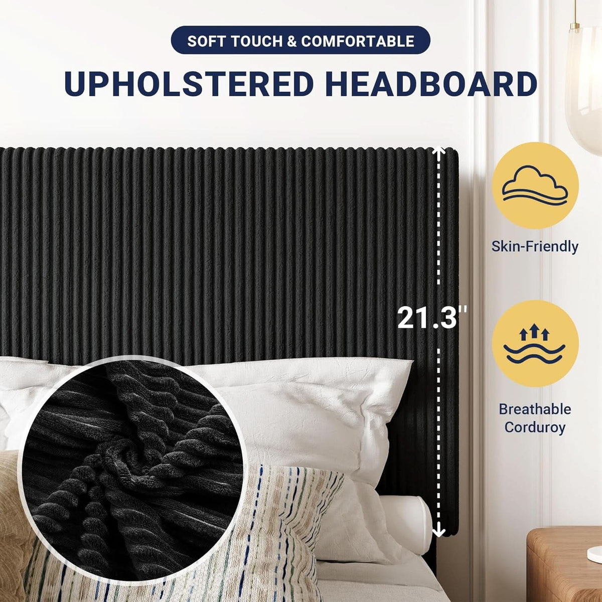 Full Upholstered Platform Bed Frame Corduroy Black