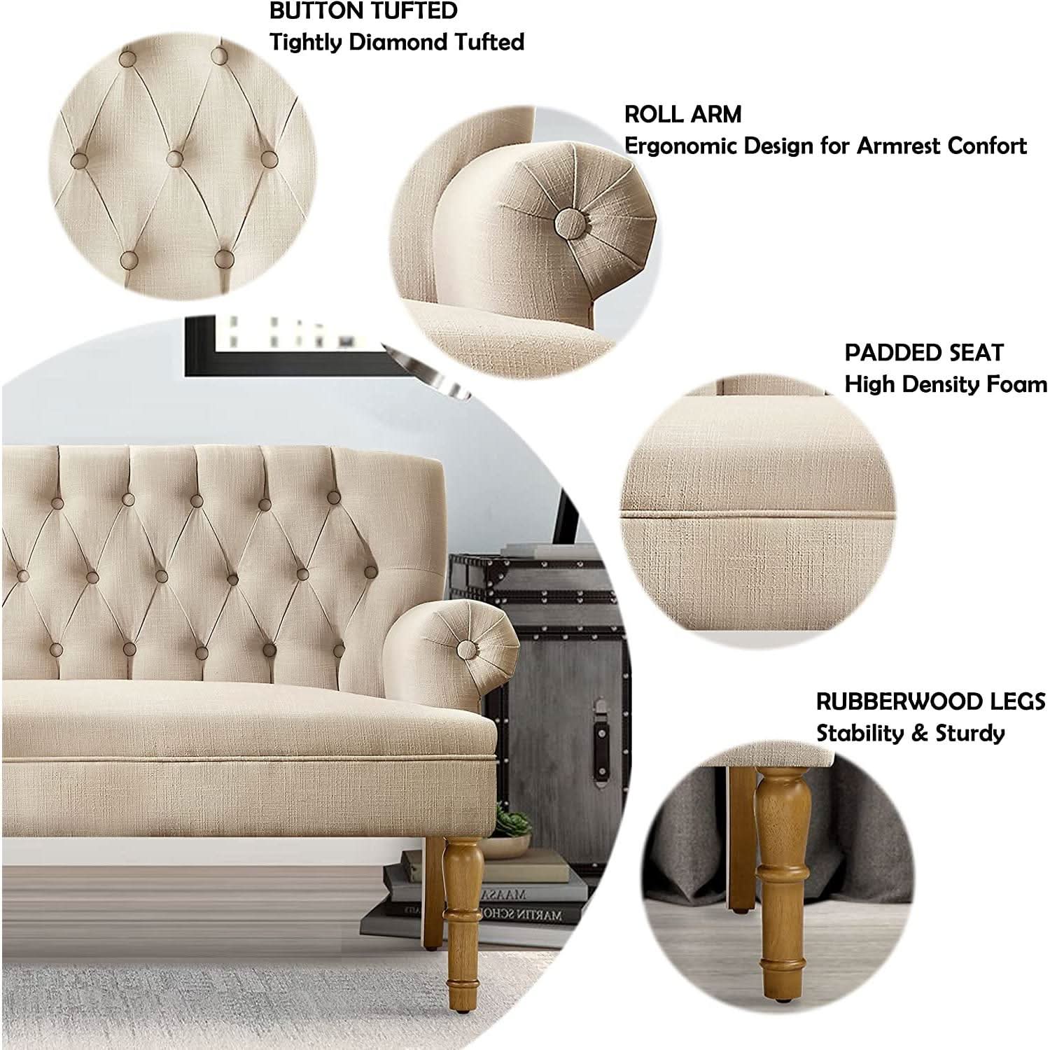 Warm Beige Tufted Loveseat Sofa Modern Living Room-2