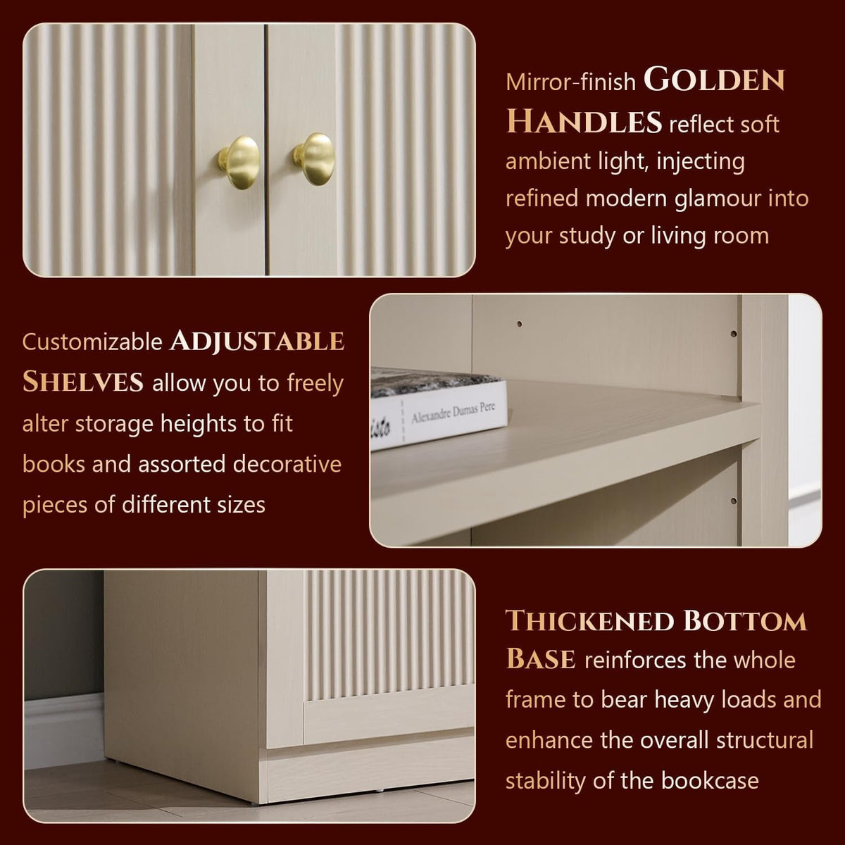 Cream Arched Fluted Bookcase With Adjustable Shelving-4