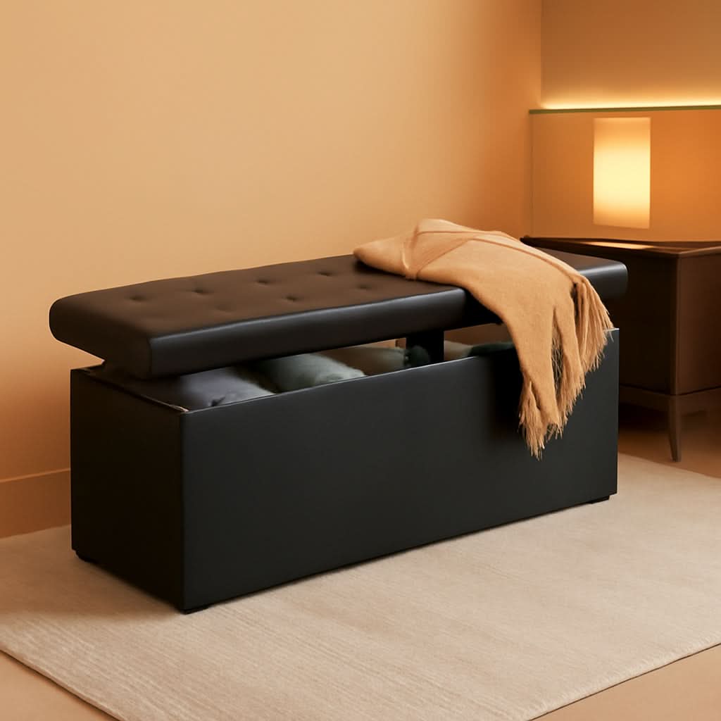 Memory Foam Folding Chest Ottoman Bench 45 Inch Black Faux Leather Storage