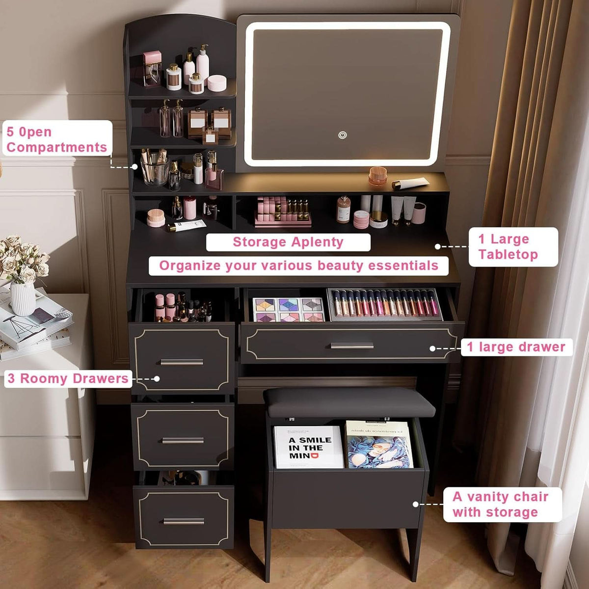 Black Vanity Table With Illuminated Mirror Outlets-3