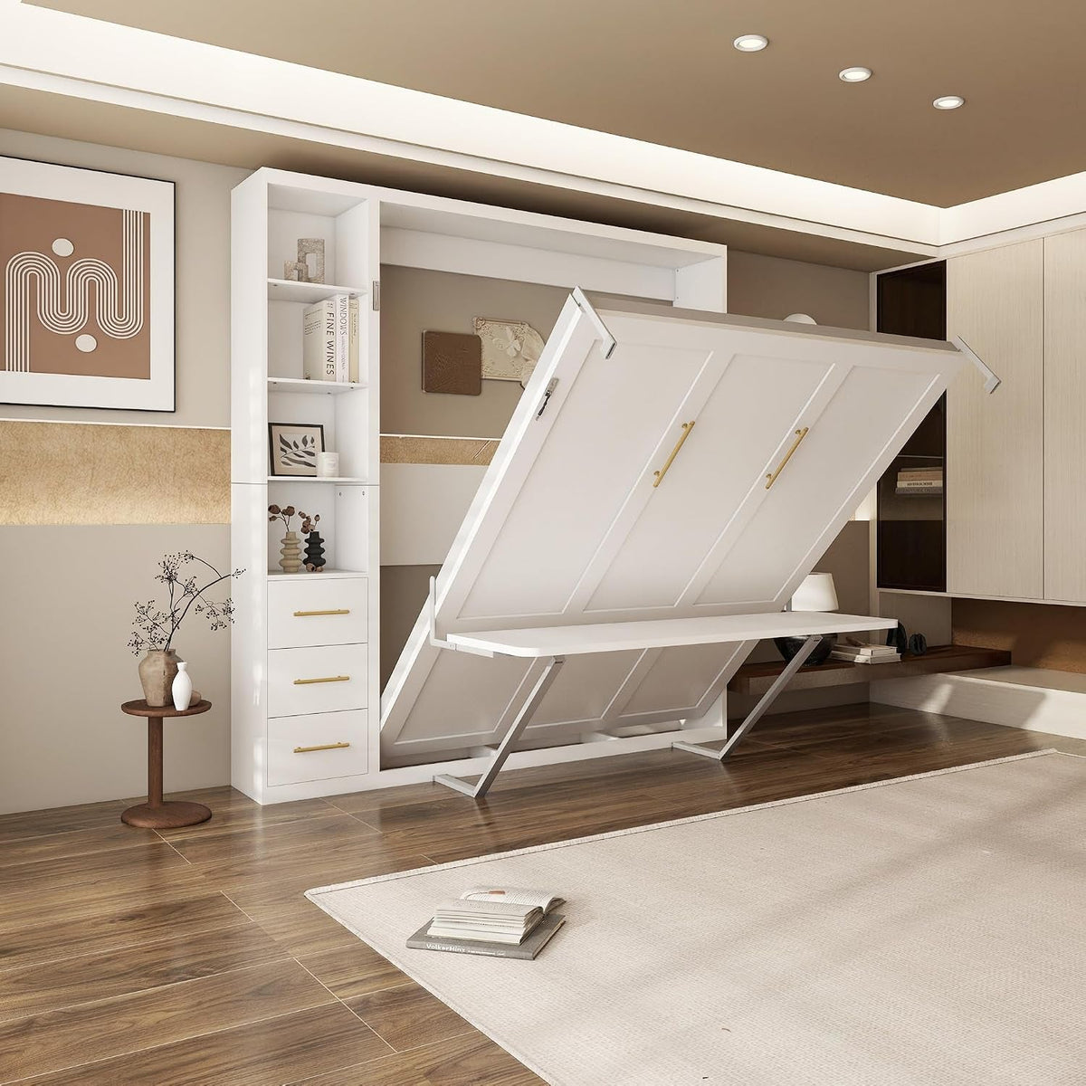 White Queen Murphy Cabinet Bed With Desk Storage Solutions