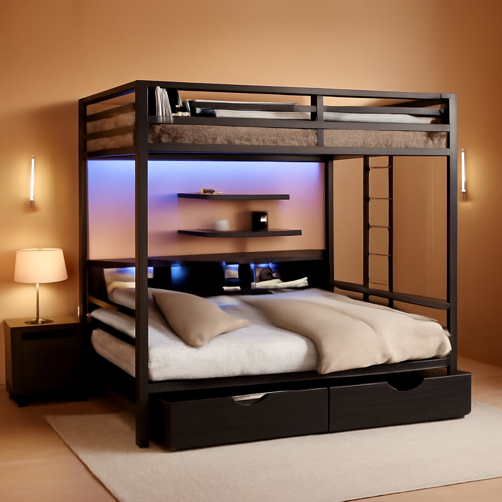 Queen Over Queen Metal Bunk Bed USB Charging Ports And LED