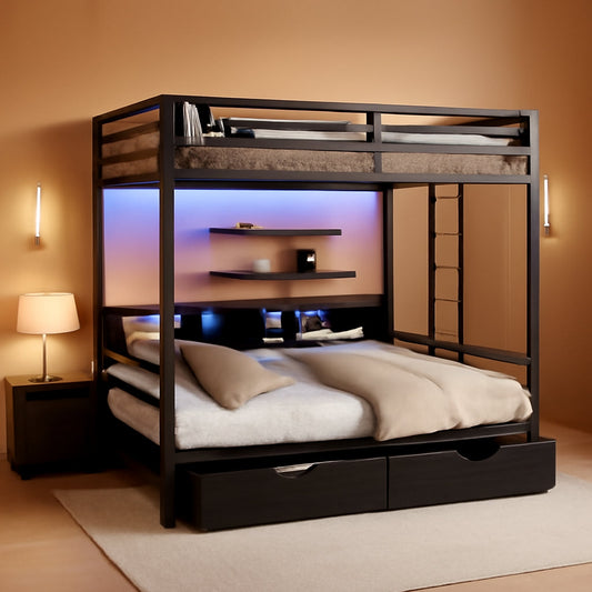 Queen Over Queen Metal Bunk Bed USB Charging Ports And LED