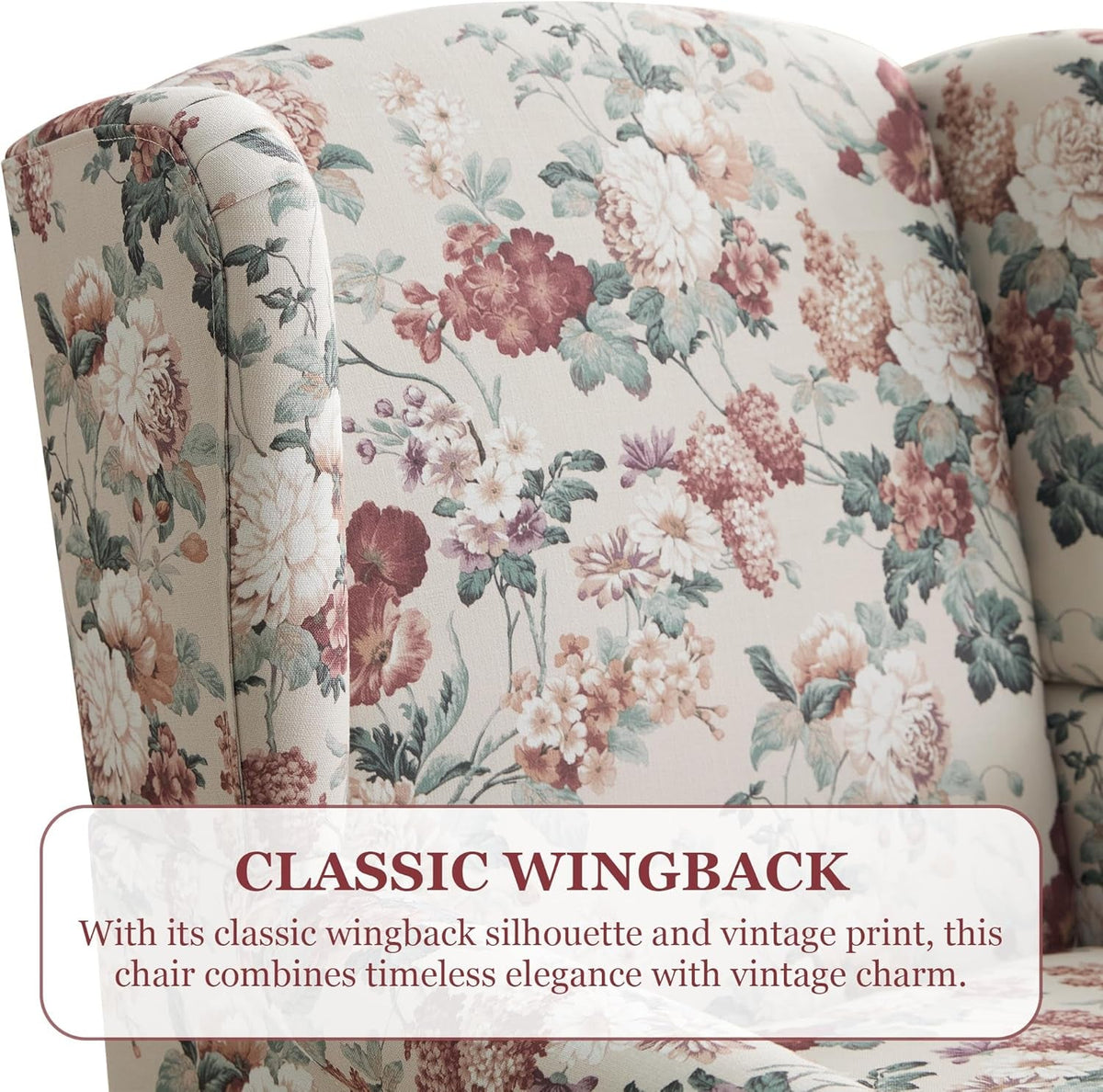 Red Floral Wingback Accent Chair Linen Upholstered