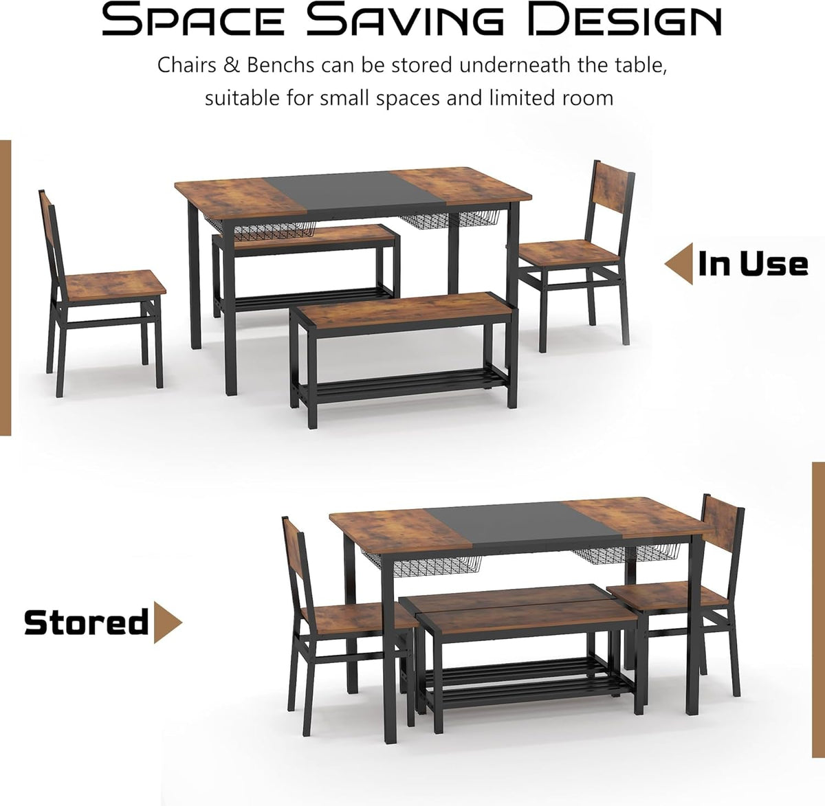 Rustic Brown Industrial Dining Table Set Storage Drawers