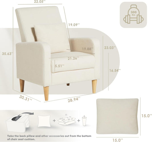 Beige Upholstered Accent Chair Featuring Lumbar Pillow