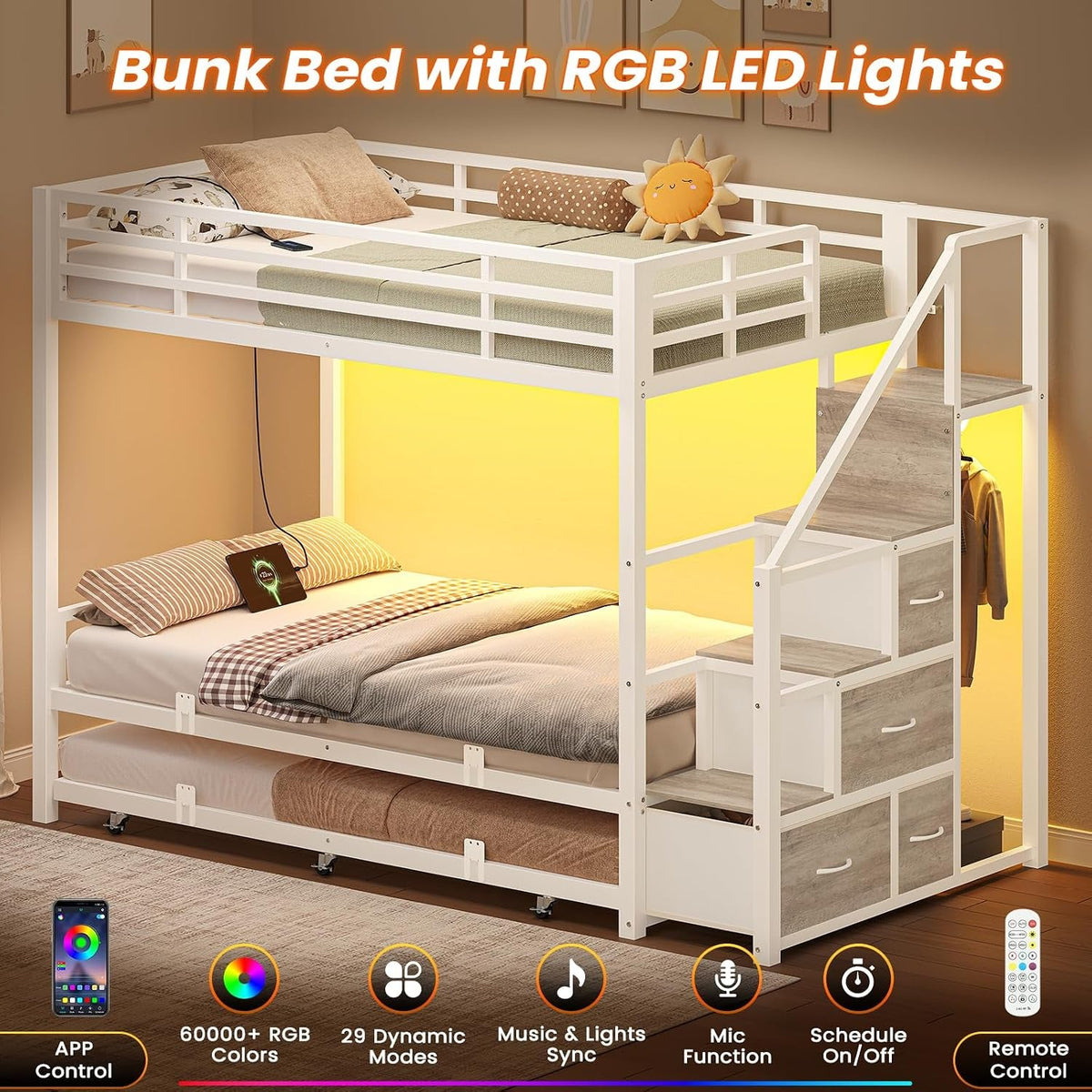 White Twin Over Twin Metal Bunk Bed Frame Trundle