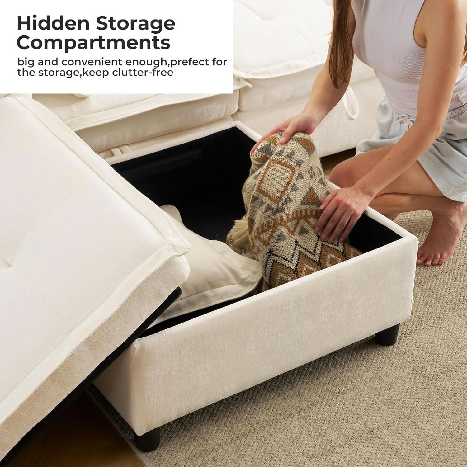 White OneThirtyThreeInch Modular Sectional Sofa Hidden Storage-3