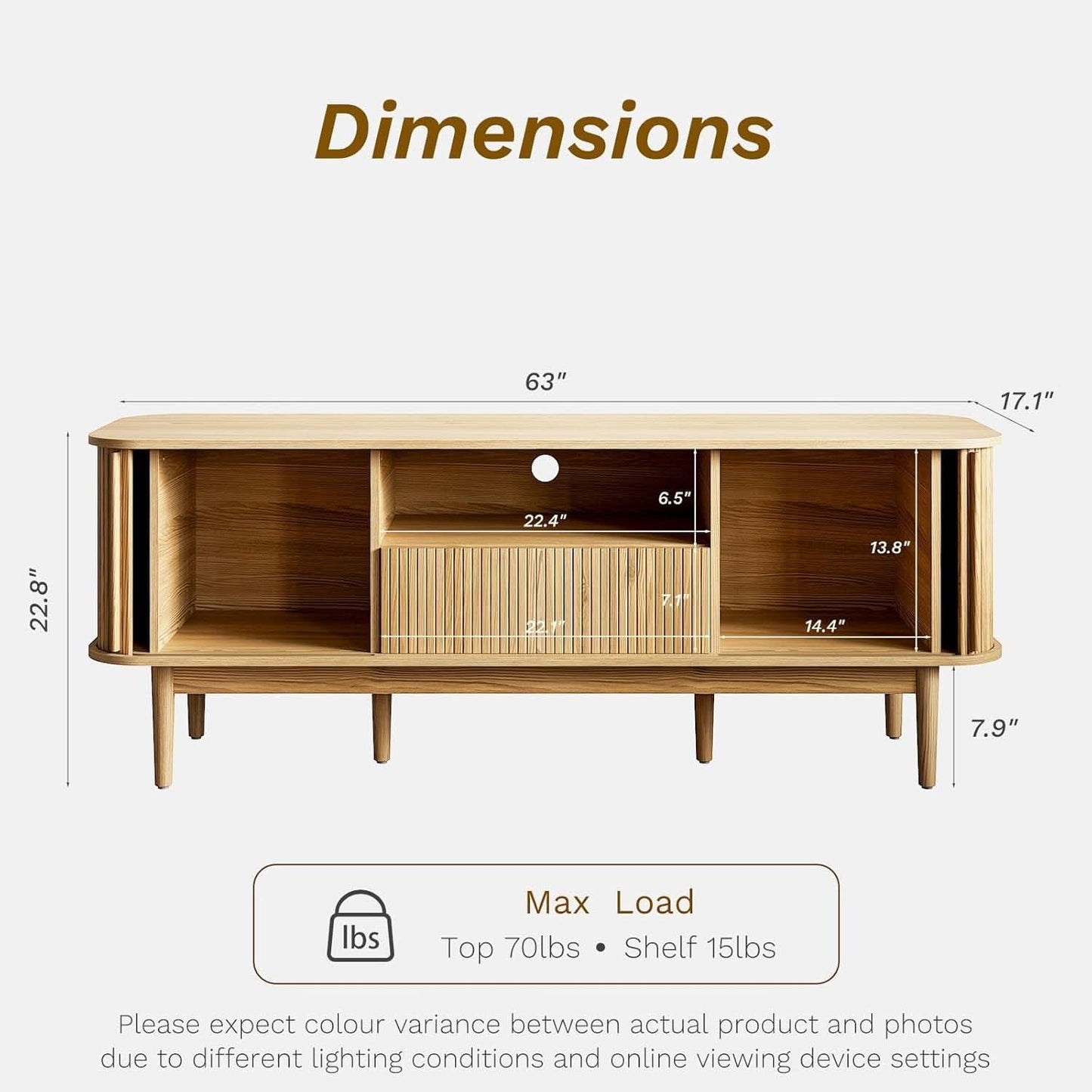 63 Inch Fluted Natural Wood TV Stand Entertainment Center