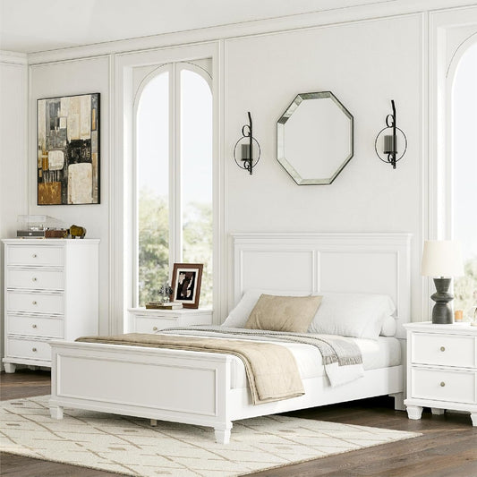 Queen Panel Bed White With Sculpted Ornate Tapered Feet-1