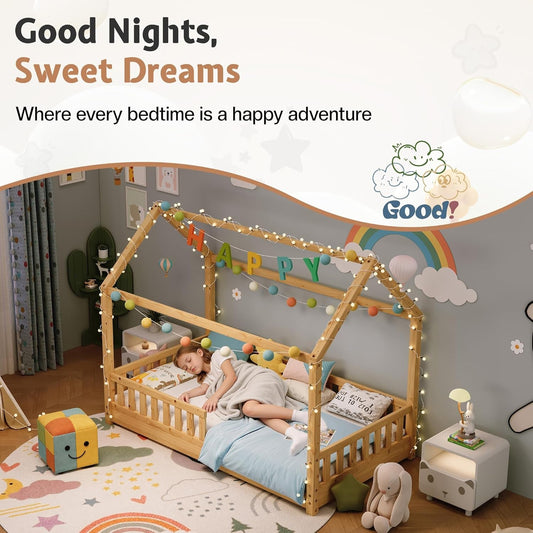 Twin Size Natural Wood Playhouse Style Bed Guardrails