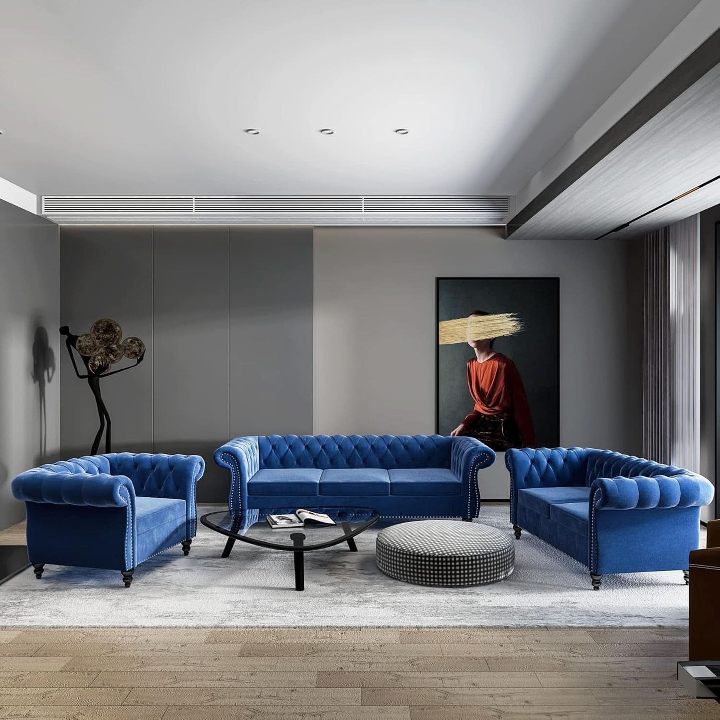 Blue Velvet 3 Piece Sectional Sofa Set With Tufting