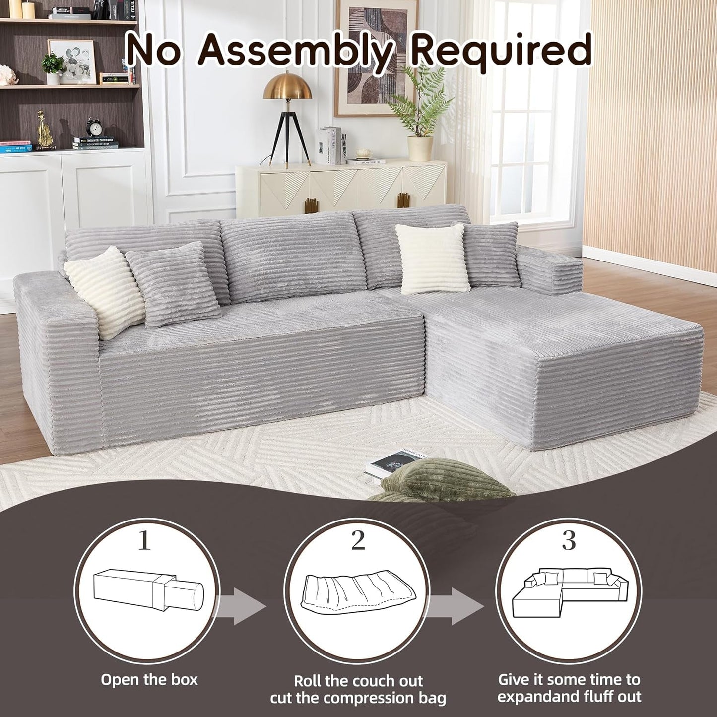 108 Inch Grey Upholstered Modular Sectional Chaise