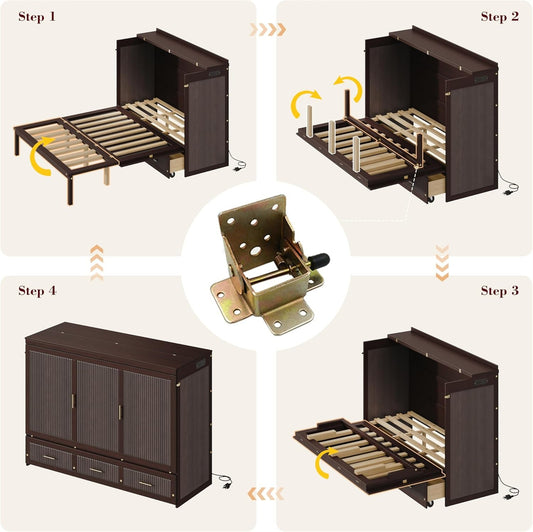 Queen Murphy Bed Cabinet With Hidden Storage Drawers