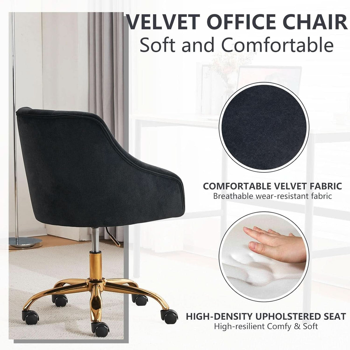 Black Velvet Office Chair 360 Swivel For Home Office-2