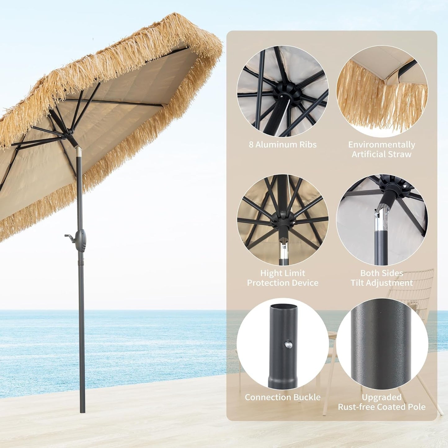 8ft Tiki Umbrella With UPF50 Ultraviolet Protection