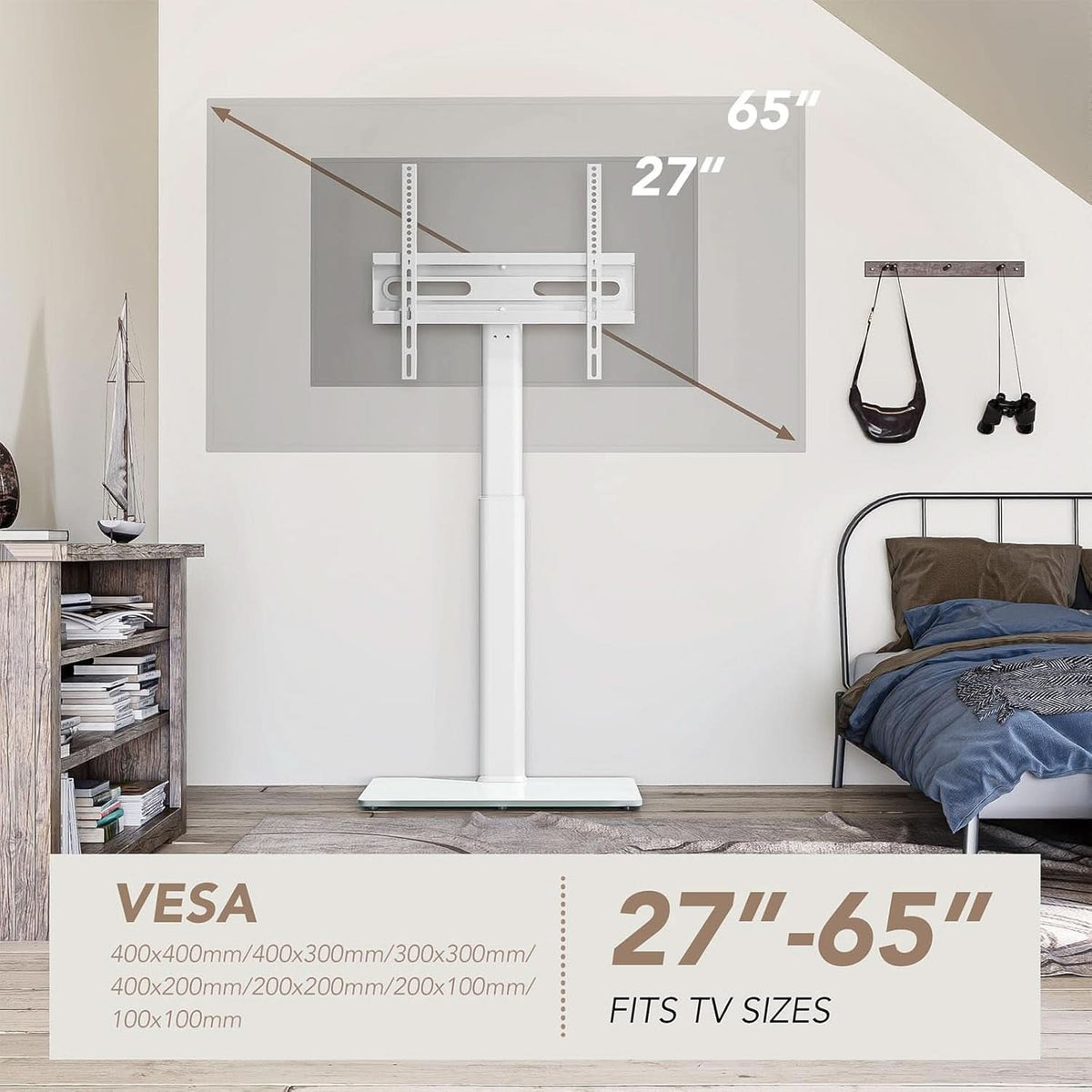 White Universal Freestanding TV Stand Seventy Degree Swivel