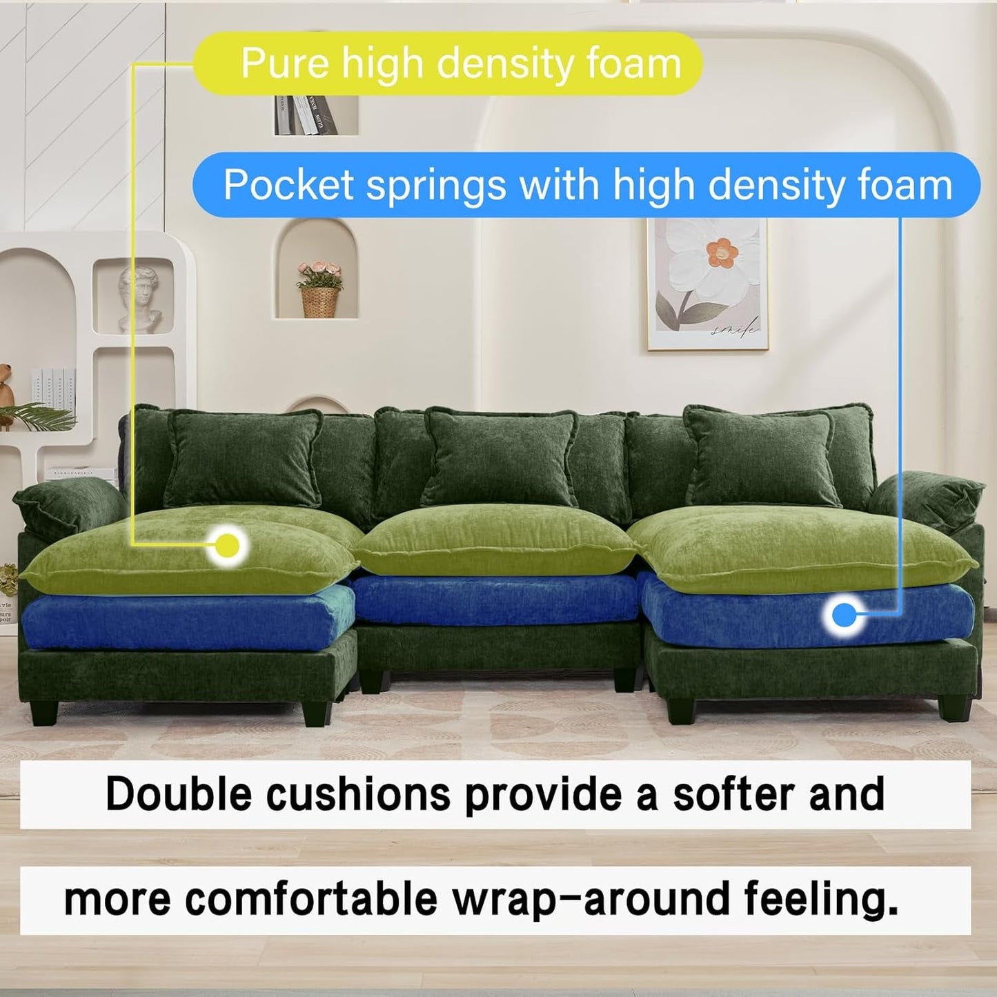 120 Inches Emerald Chenille Modular Sectional Sofa