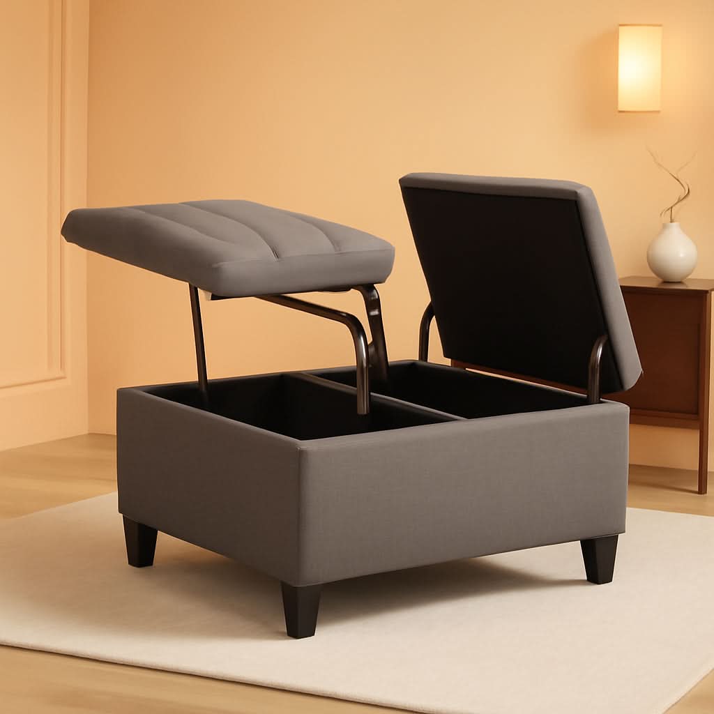 Slate Grey Linen Upholstered Lift Ottoman StorageCompartment