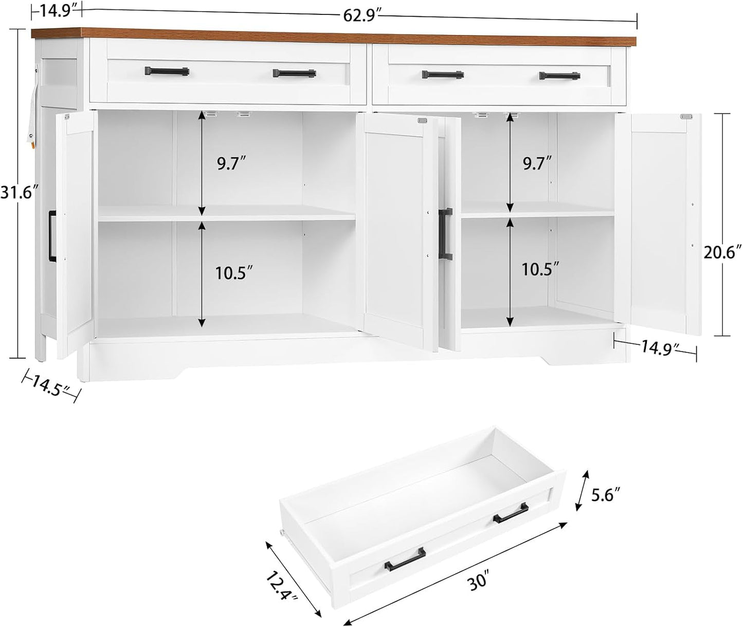 63 Inch White Contemporary Farmhouse Buffet Cabinet