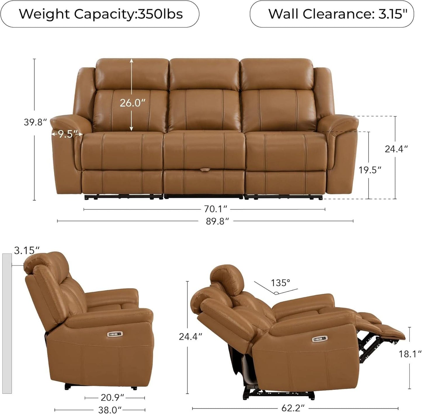 Leather Power Recliner Sectional Featuring USB Ports