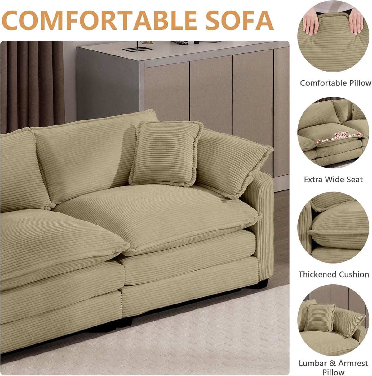 Oversized 2 Piece Sofa Set Camel 3 Seater And Loveseat