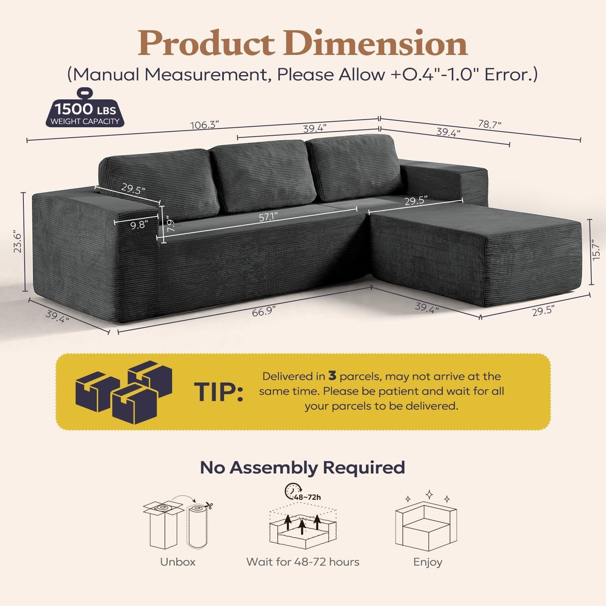 106 Inches Grey Convertible Sectional Upholstered Sofa-2
