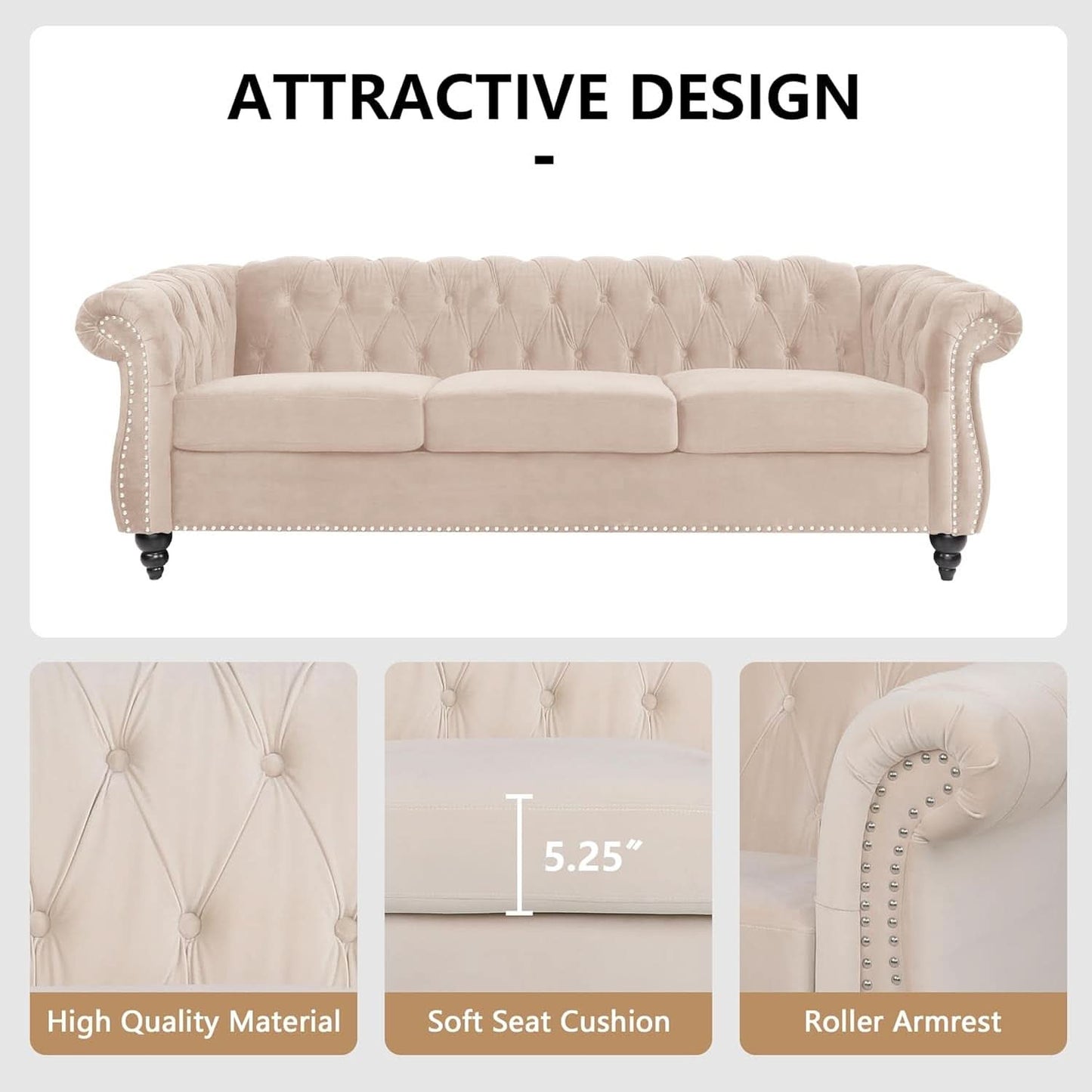 Beige Velvet 3 Piece Living Room Set With Chesterfield Sectional Sofa And Loveseat-4