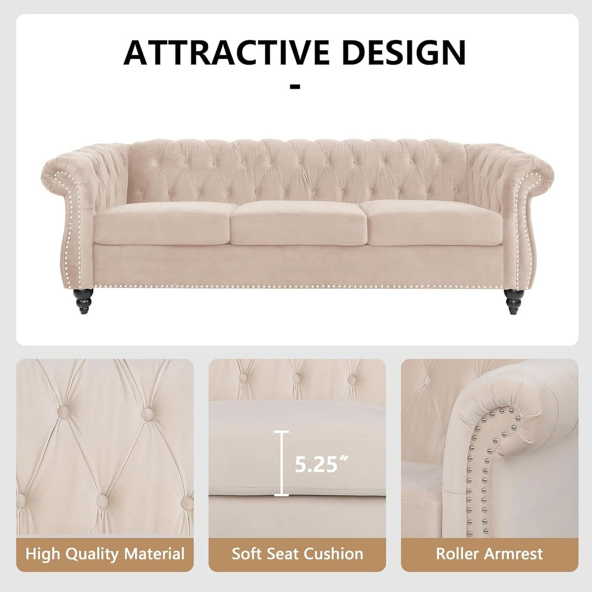 Beige Velvet 3 Piece Living Room Set With Chesterfield Sectional Sofa And Loveseat-4