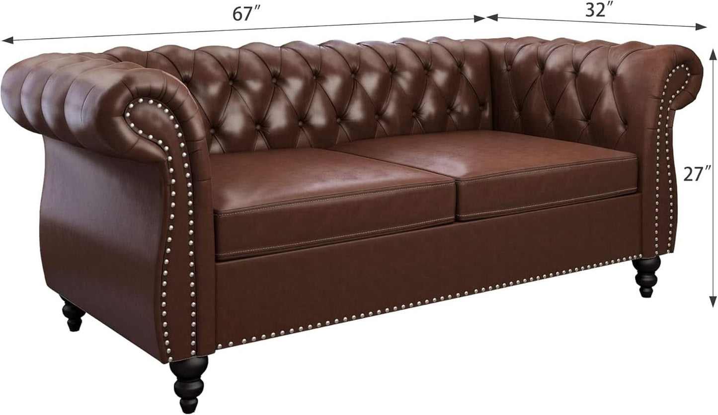 3 Piece Chesterfield Leather Living Room Set Sofa Loveseat Chair Dark Brown with Scroll Arms and Nailhead-4