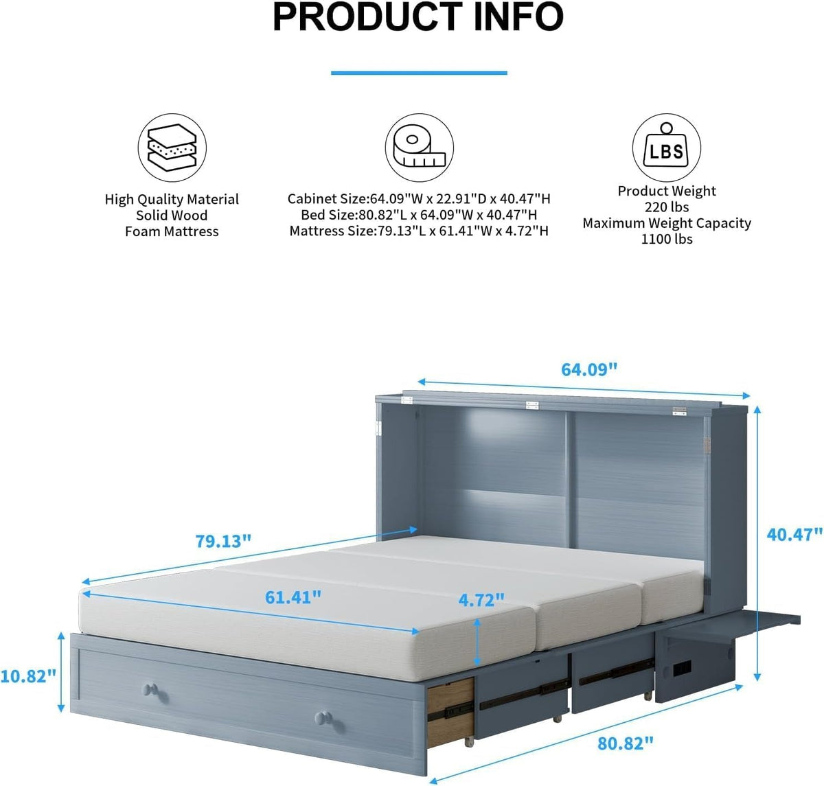 Queen Murphy Bed Cabinet With USB Storage Drawer With USB Charging-3