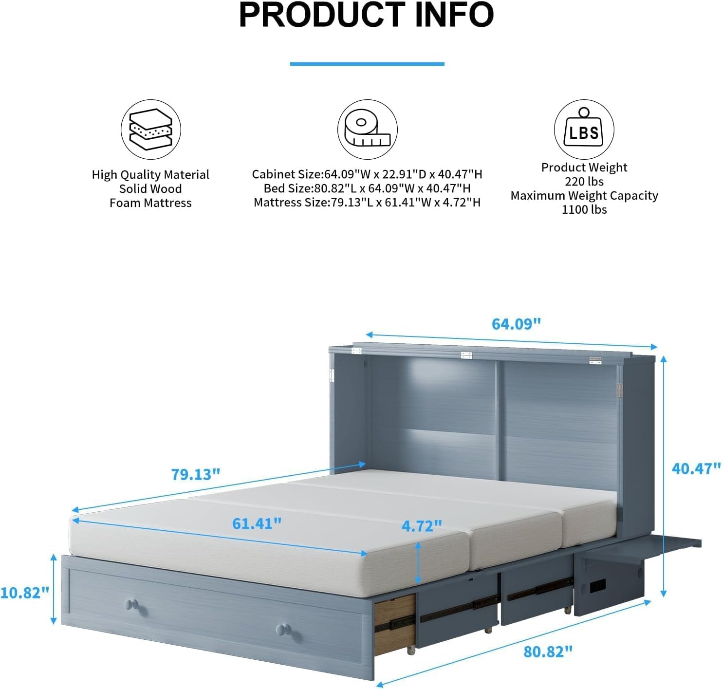 Queen Murphy Bed Cabinet With USB Storage Drawer With USB Charging-3