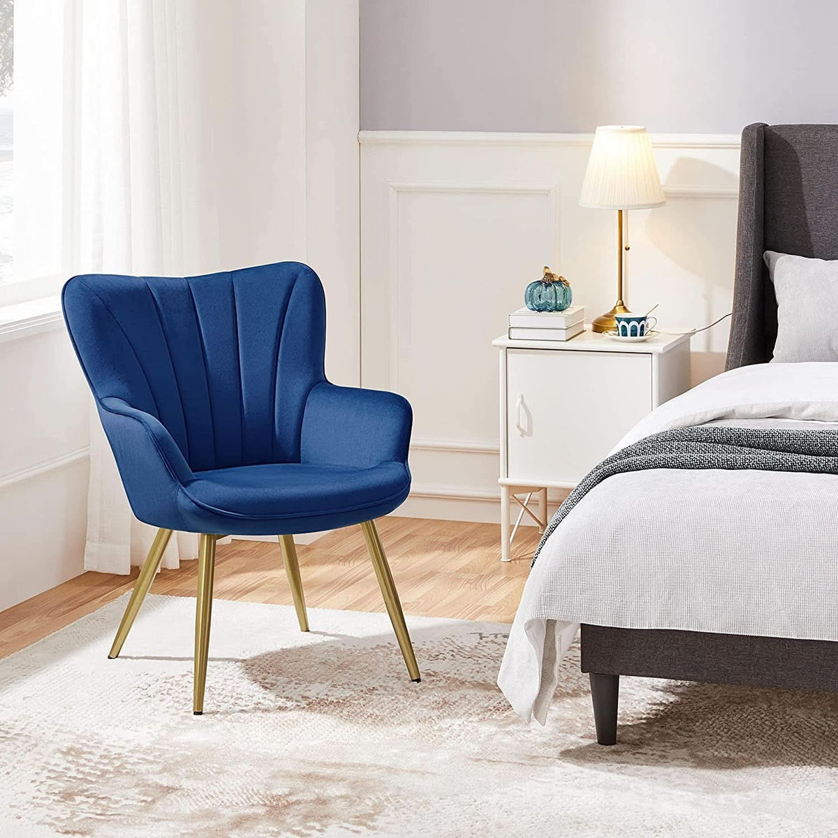 Blue Velvet Wingback Chair With Metal Legs For Living Room-2