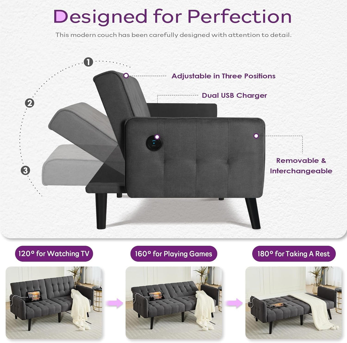65 Inch Charcoal Grey Upholstered Convertible Sleeper Sofa