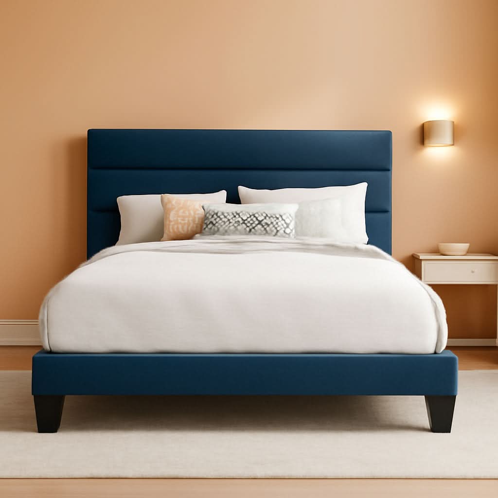Full Platform Bed Frame Blue Upholstered Headboard