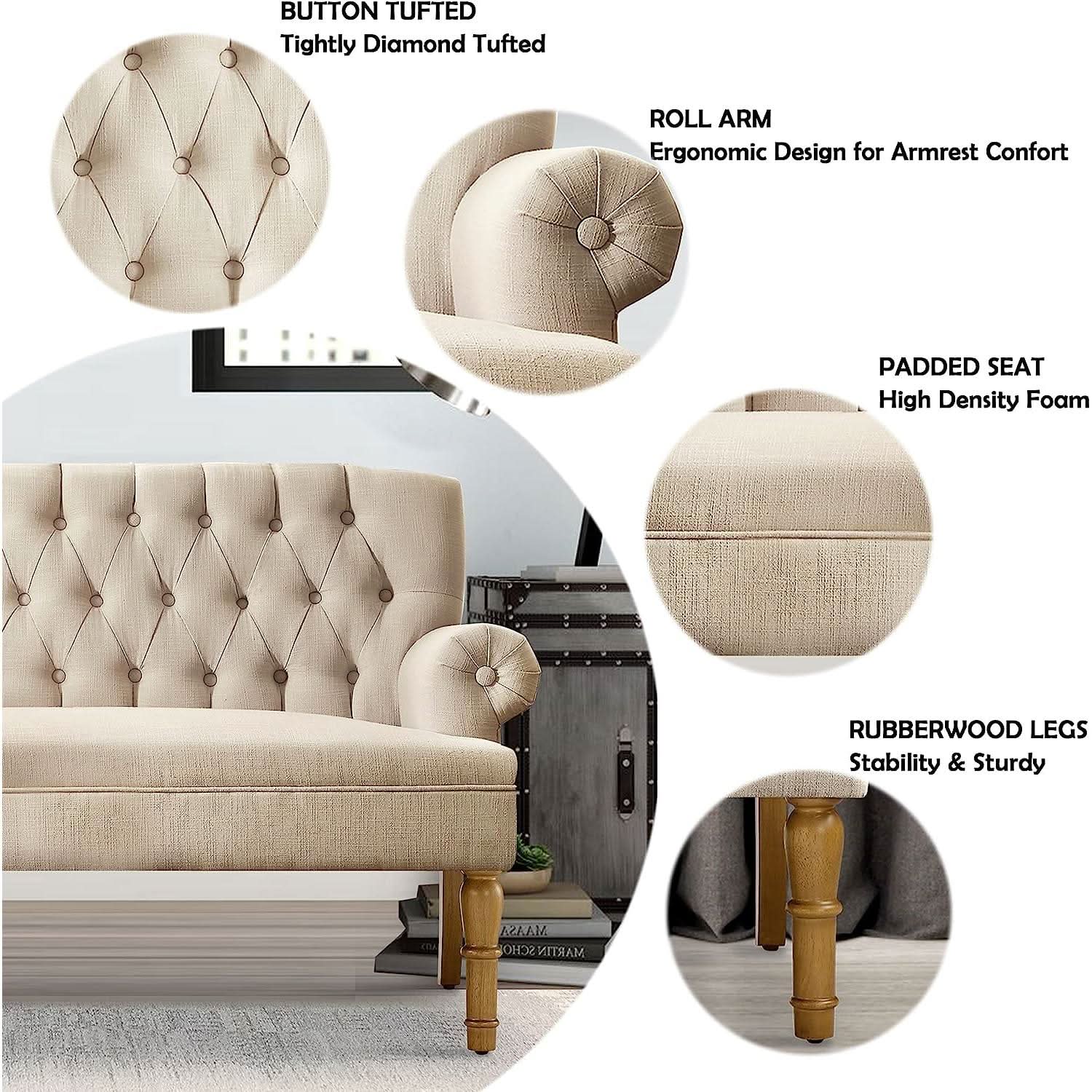 Warm Beige Tufted Linen Love Seat For Small Spaces-2