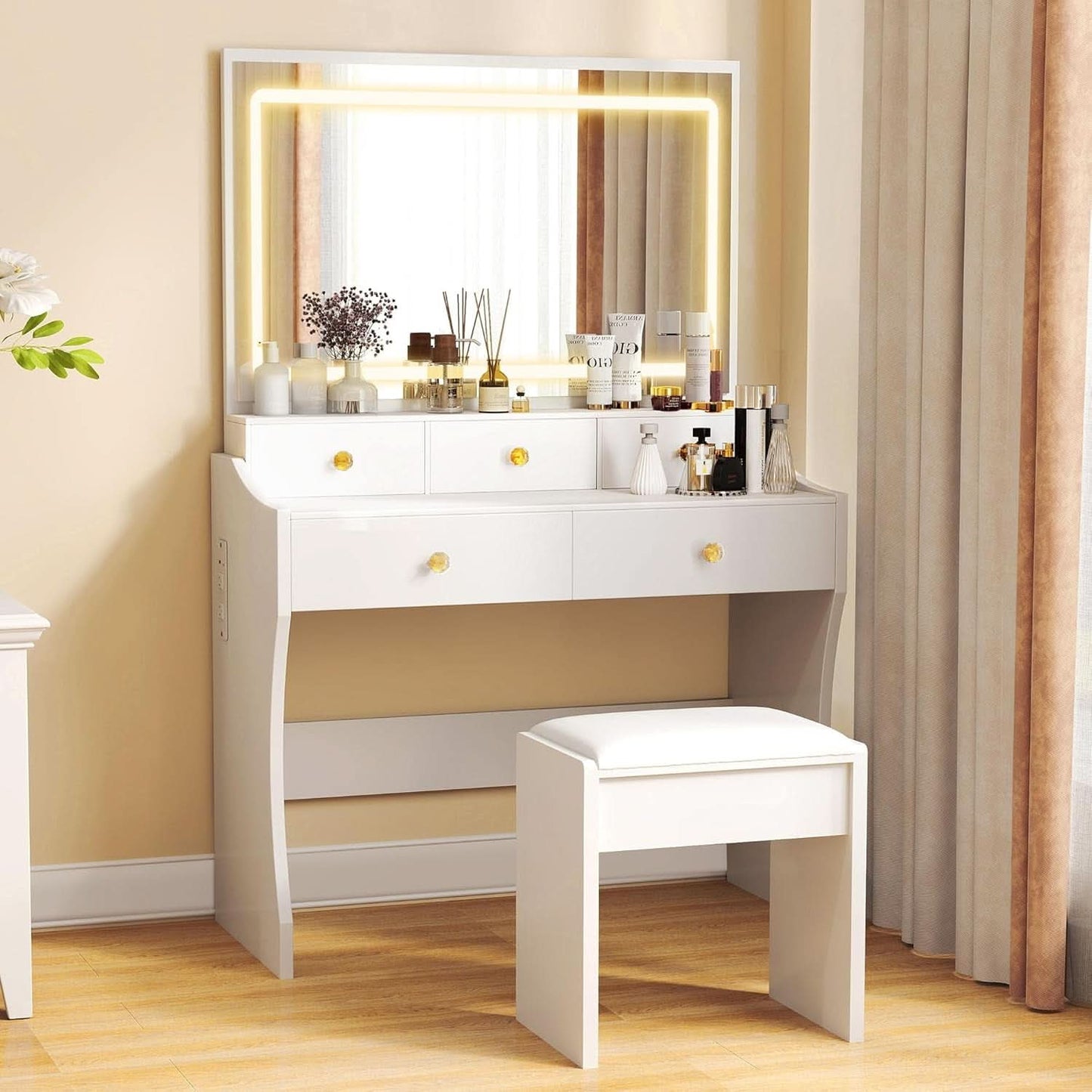 Makeup Vanity White Desk With Multifunctional Mirror