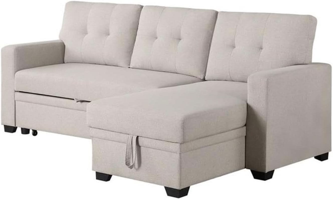 Beige L Shaped Convertible Sleeper Sectional Couch-3