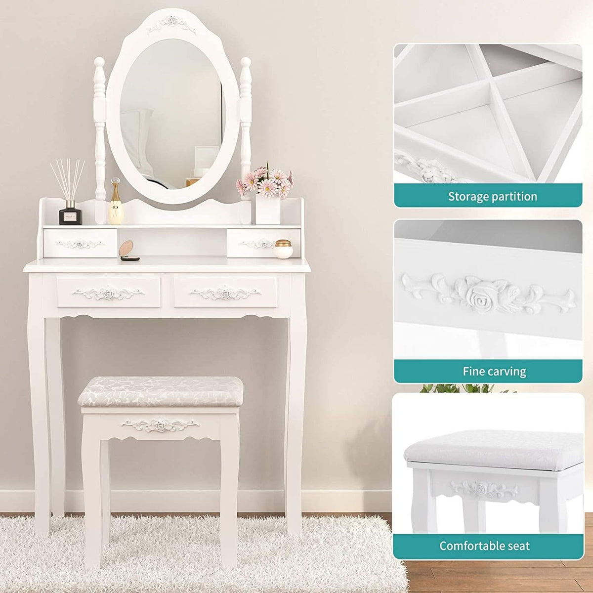 White Vanity Table Set With 360 Degree Rotating Mirror