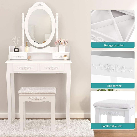 White Vanity Table Set With 360 Degree Rotating Mirror