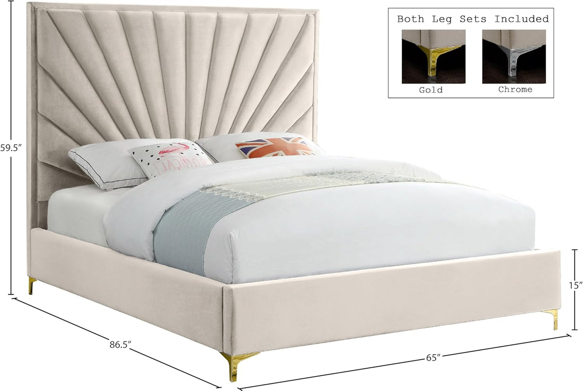 Cream Velvet Queen Platform Bed Upholstered Tufted