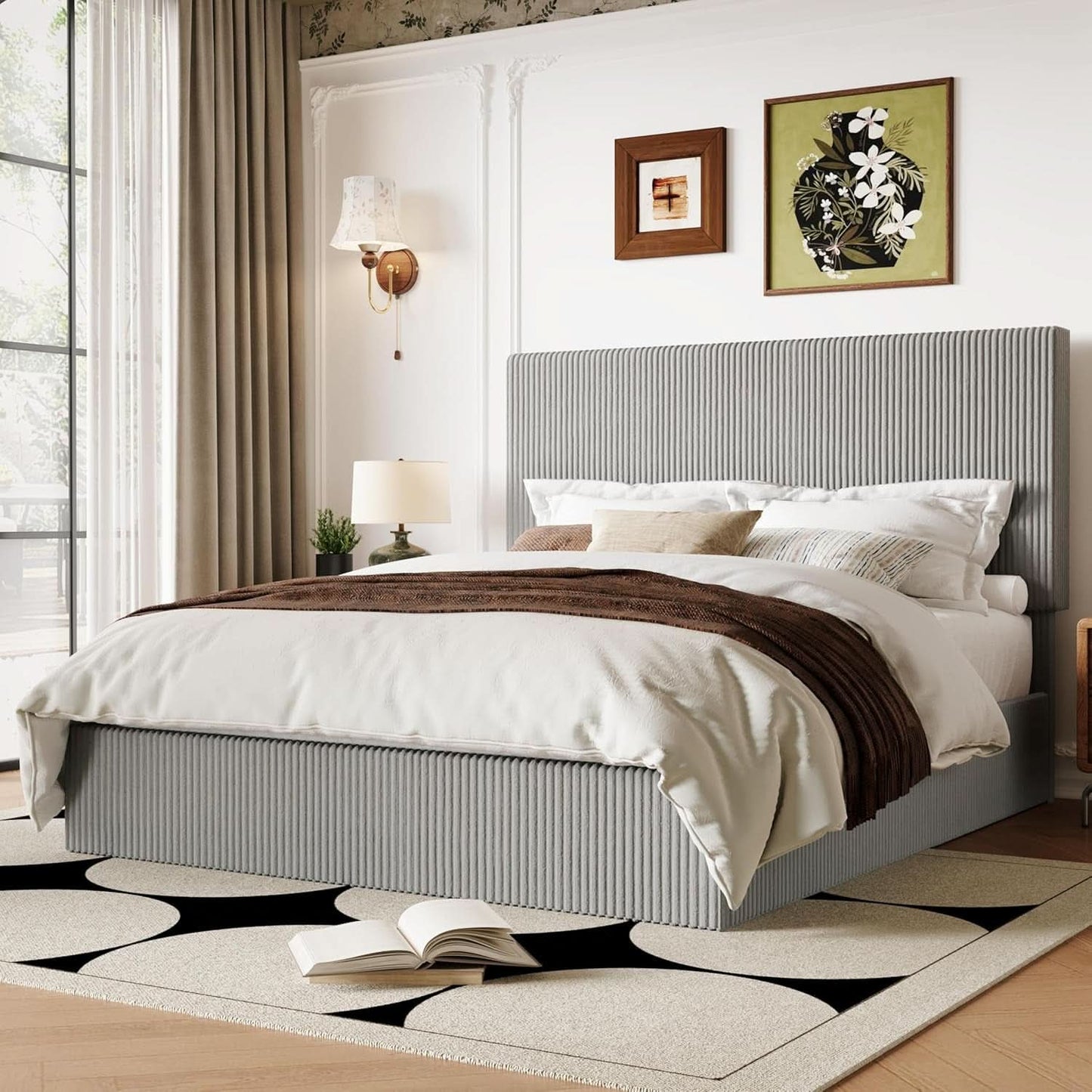 Full Size Corduroy Upholstered Bed Frame Head board