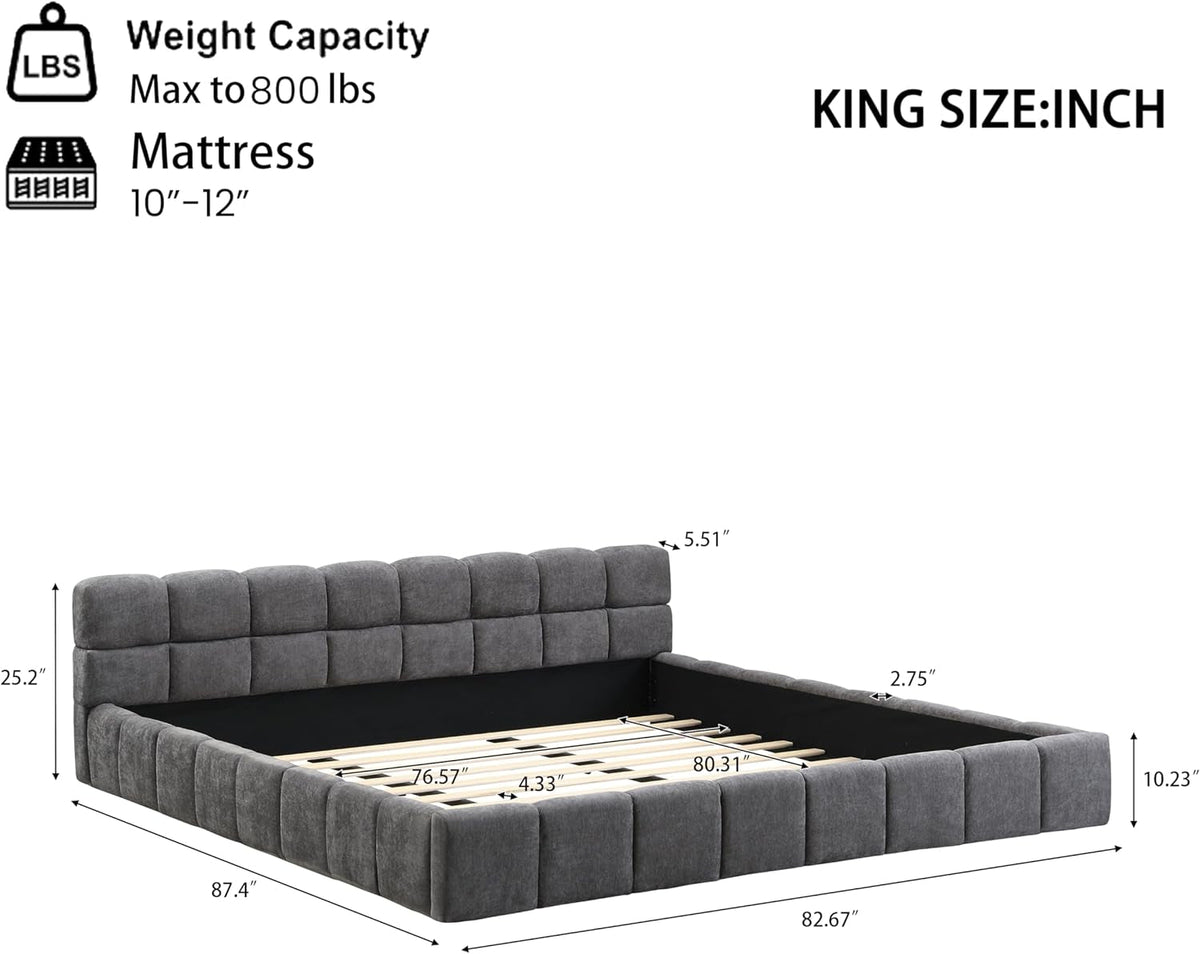 King Size Gray Chenille Upholstered Platform Bedstead