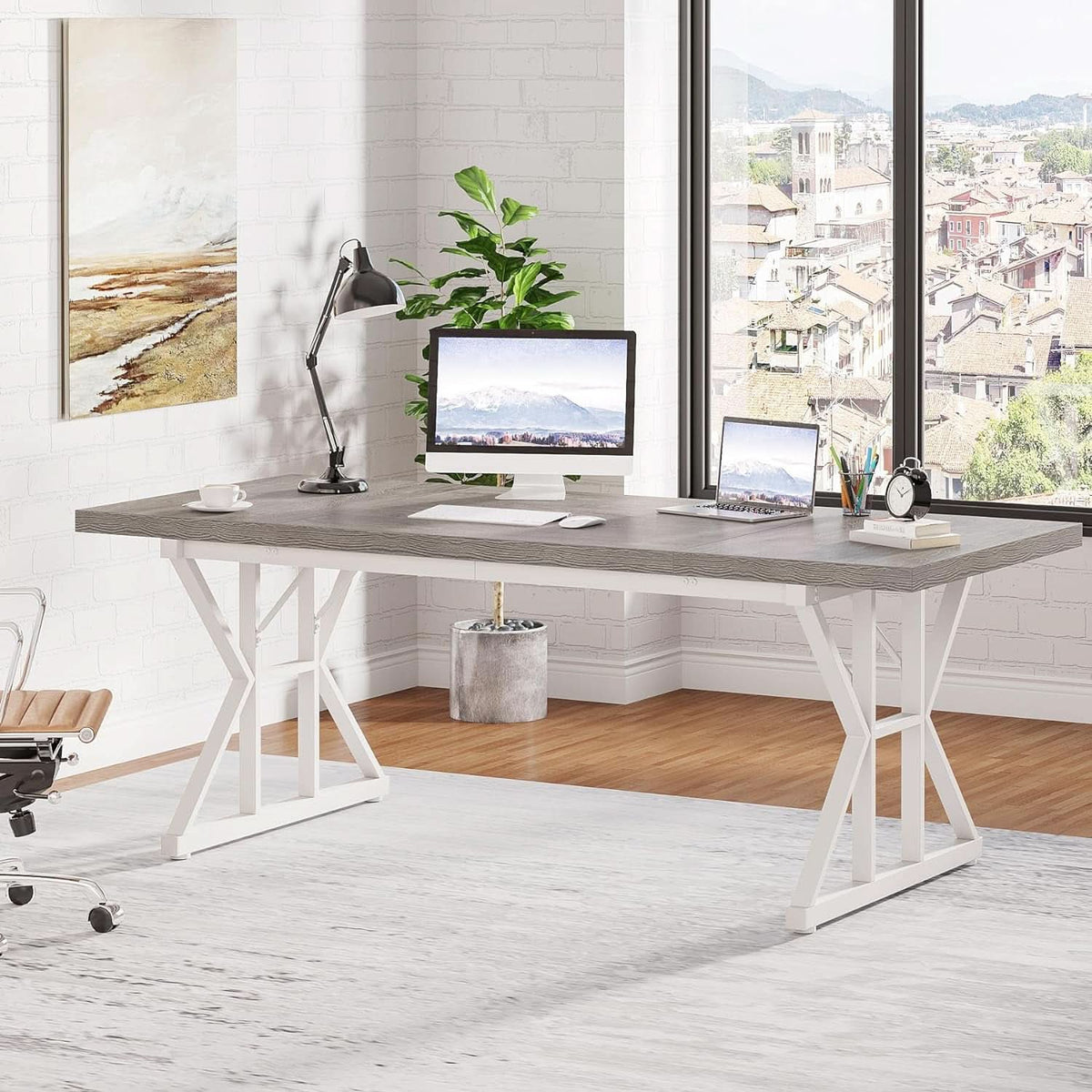 70.8 Inch Grey White Executive Desk Large Home Office