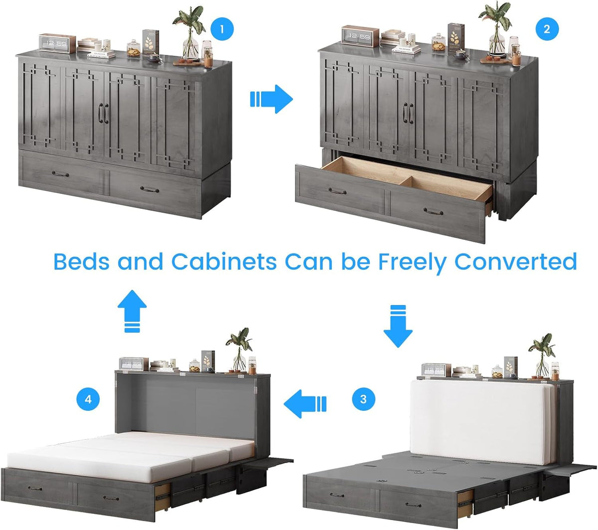 Queen Murphy Cabinet Bed With Hidden Storage Drawer-3