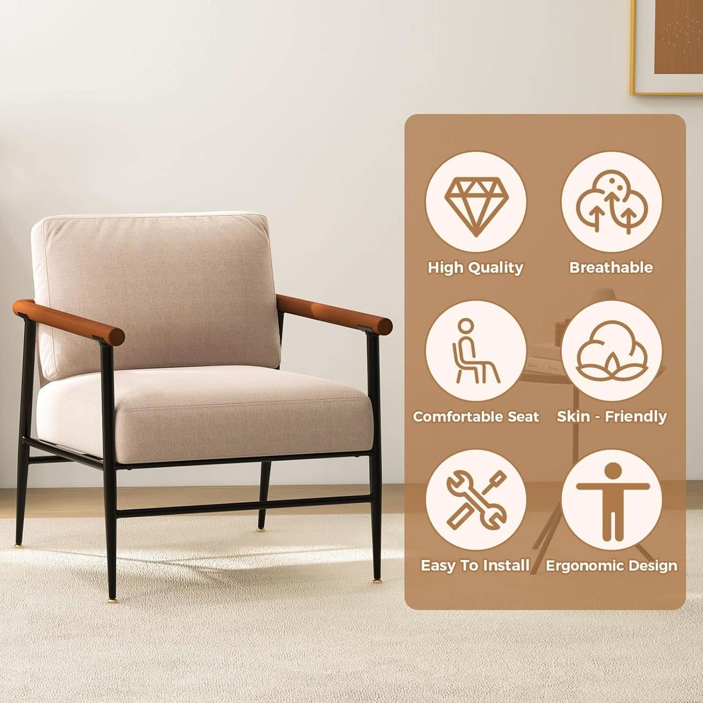 Mid Century Contemporary Accent Chair Linen Upholstery