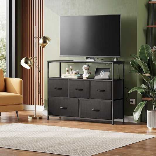 Dresser TV Stand Black With Built In Charging Station